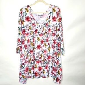 Woman Within Perfect Pintuck Tunic Tee Size 3X Floral 3/4 Sleeve Stretch Casual